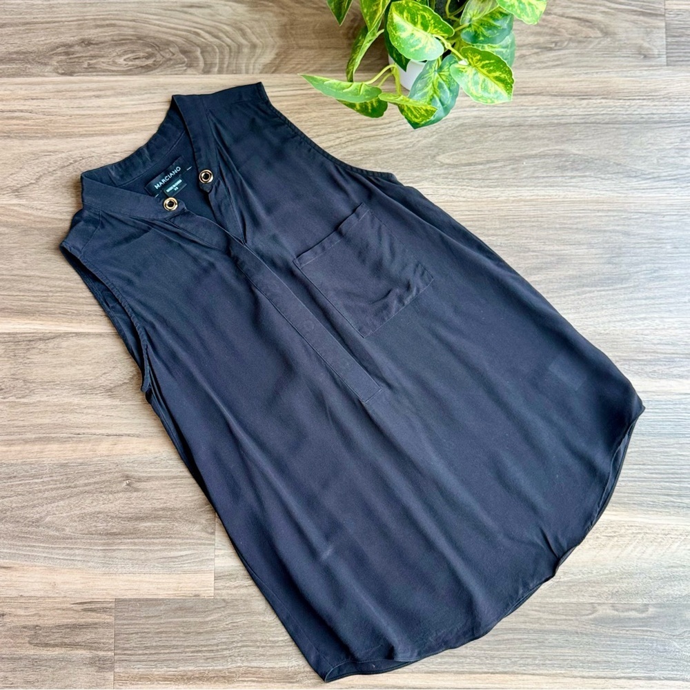 Marciano Silk Sleeveless Black Blouse - Golden Grommets Neckline – Size‎ XS